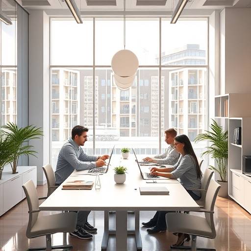 A brightly lit modern office space with people collaborating around a table.