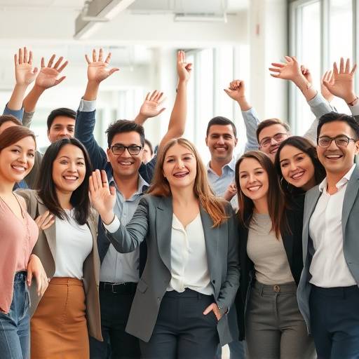 A diverse group of professionals celebrating their career success after completing an interview preparation course.